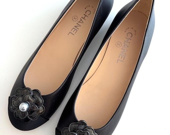 Chanel Black Flats with Camellia Accent