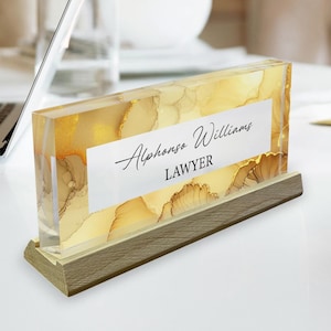 Customizable Desk Name Plate w/ Wooden Base - CoWorkers Gift - Company Gift - Design On Clear Acrylic Glass - Office Decor Nameplate Sign