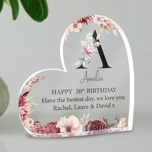 Placa de presente de aniversário personalizada, placa de acrílico para presente de aniversário, presente para família, placa de coração, lembrança de aniversário, placa personalizada