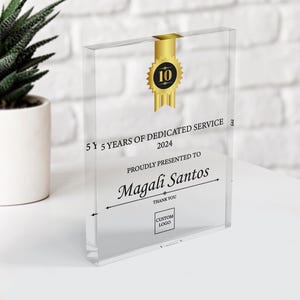 Personalized Employee Appreciation Plaque - Custom Acrylic Award with Name - 5/10 Years of Service Gift
