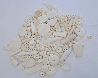 Carved buffalo Bone Bead Assortment, 7 ounces, All white bone beads