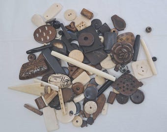 Large Carved buffalo Bone Bead Assortment, 7 ounces, Mixed color