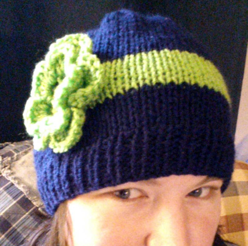 navy blue green flower Knit Seattle Seahawks Inspired Hat with Flower Woman/'s Large