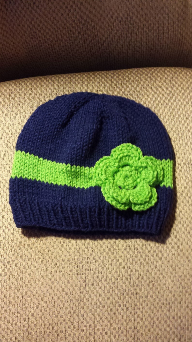 navy blue green flower Knit Seattle Seahawks Inspired Hat with Flower Woman/'s Large