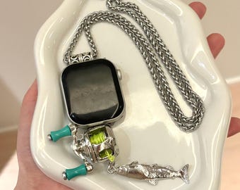Funny Fishing Reel Apple Watch Necklace, Realistic Fish Charm, Unique Angler Tech Jewelry for Fishing Lovers
