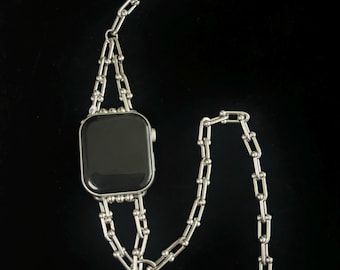 2-in-1 Apple Watch Band & Choker Necklace, Silver Chain Strap for Women, Gothic Punk Convertible Smartwatch Bracelet, Double Layer Strap