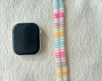 Rainbow Crystal Beaded Watch Band, Custom Fit for Apple Watch & Samsung Galaxy, Y2K Smartwatch Bracelet, Personalized Stretch Wristband Gift