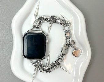 Punk Spiked apple watch band | Gothic silver chain strap Apple & Samsung Watch | Y2K Grunge Smartwatch Bracelet