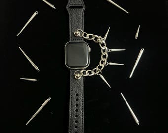 Gothic Spike Leather Apple Watch Band, Punk iWatch Strap with Chain, Y2K Edgy Alternative Goth Gift for Her Him