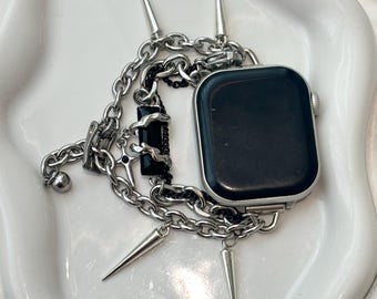 Y2K Gothic Spiked Watch Band, Black Gem Silver Chain Apple Watch Strap, 90s Punk Jewelry, Unique Gift for Her