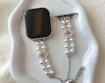 Cinturino per smartwatch con perline, bracciale regolabile in argento compatibile con Apple Watch, elegante accessorio classico da donna.