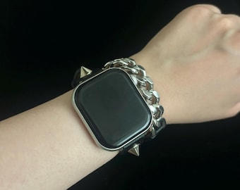 Gothic Punk Leather Apple Watch Band, Chain iWatch Strap, Edgy Y2K Goth Gift for Her Him, Alternative Apple Watch Bracelet