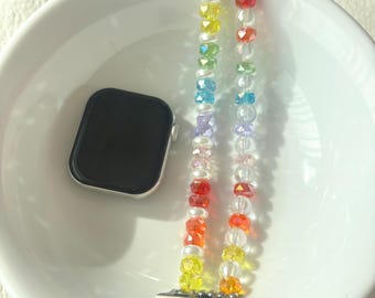 Rainbow Crystal Beaded Watch Band Fit for Apple Watch & Samsung watch Stretch Beaded Strap, Personalized Smartwatch Bracelet, lgbtq gift