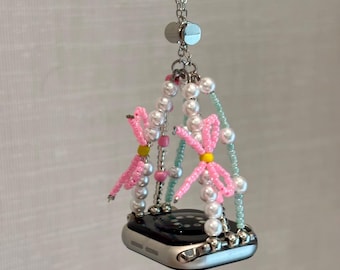 Bow Beaded Apple Watch Band, Pearl & Colorful Bead Bracelet, Cute Y2K Coquette Adjustable Strap