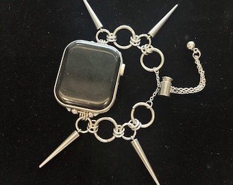 Silver Spiked Apple Watch Band, Gothic Y2K Punk Strap, Adjustable Stainless Steel Bracelet