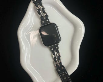 Gothic Punk Double Chain Leather Apple Watch Band, Edgy Y2K iWatch Strap