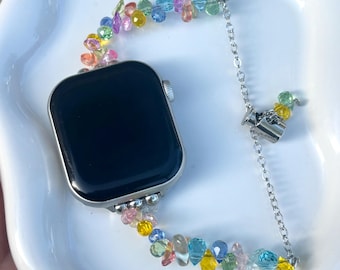 Rainbow Crystal Beaded Apple Watch Band, Irregular Gemstone Bracelet, Pastel Y2K Cottagecore Handmade Adjustable Strap Fits Most Wrist Sizes