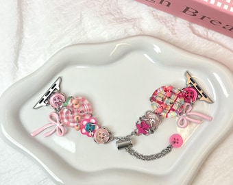 Custom Initial Y2K Coquette Pink Apple Watch Band & Samsung Watch Band, Button Bow iWatch Bracelet, Personalized Kawaii Feminine Strap