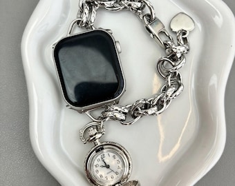 Steampunk Pocket Watch Apple Watch Band, Gothic Silver Chain iWatch Strap