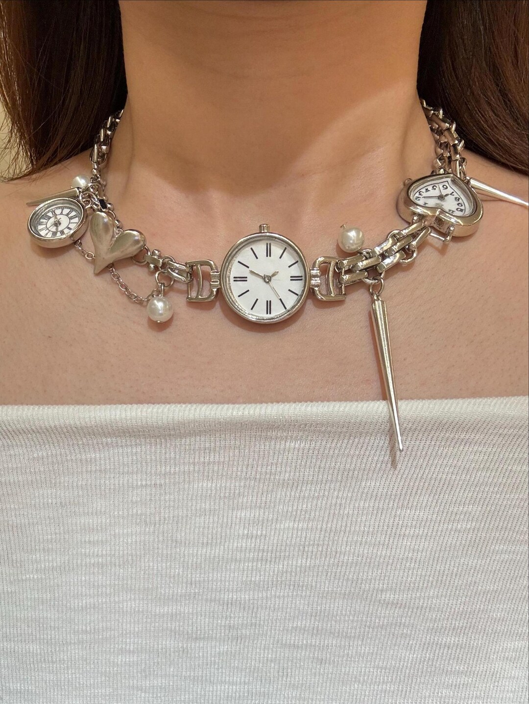 Y2K Clock Choker Necklace, Silver Grunge Pendant Choker, Gothic Punk ...