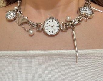 Collier ras de cou horloge de l'an 2000, tour de cou pendentif grunge en argent, collier tendance punk gothique, bijoux esthétiques avant-gardistes, collier Alt rétro des années 90