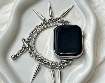 Silver Spiked Rhinestone Apple Watch Band, Gothic Punk Watch Strap, Double Chain Edgy Bracelet, Alt Style Gift for Her,