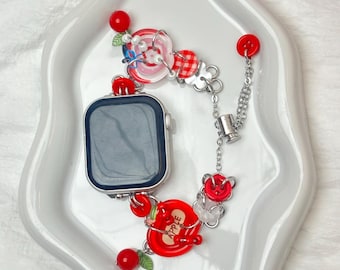Custom Initial Cherry Apple Red Plaid Apple Watch Band &Samsung galaxy watch band , Y2K Coquette iWatch Bracelet, Personalized Strap