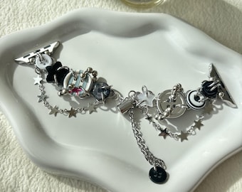 Upcycled Button Star Charm Watch Bracelet | Y2K Gothic Band for Apple Watch & Samsung Galaxy Watch, Women’s Grunge Strap