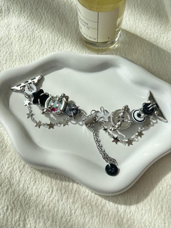 Upcycled Button Star Charm Watch Bracelet | Y2K Gothic Band for Apple Watch & Samsung Galaxy Watch, Women’s Grunge Strap