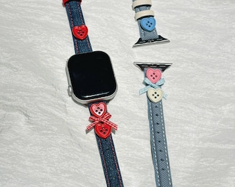 Handmade Denim Apple Watch Band, Retro Kawaii Heart Charms, Adjustable Y2k Style
