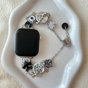 Silver star charm accents on OOAK black & white iWatch band