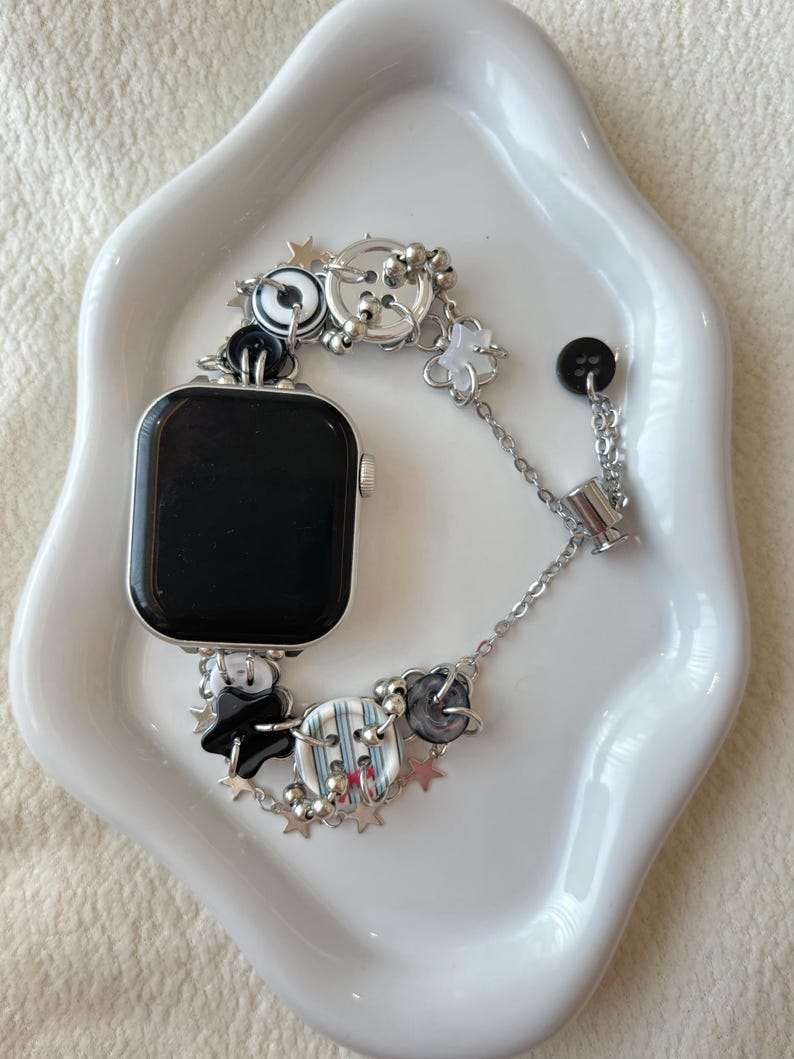 Silver star charm accents on OOAK black & white iWatch band