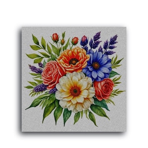 May include: A watercolour painting of a bouquet of flowers. The bouquet includes orange, red, white, blue, and purple flowers. The flowers are arranged in a loose, natural style.