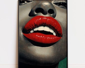 Arte de pared con labios rojos, retrato elegante de mujer negra, estampado femenino audaz, decoración moderna y glamurosa, póster de moda afrocentrista, descarga digital