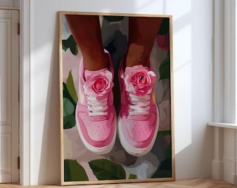 Black Woman Sneaker Art, Printable Fashion Poster Sneakerhead Print Pink Wall Art Melanin Wall Art Black Girl Closet Decor Digital Download