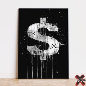Arte de parede de dólar de grafite, pôster de dinheiro, arte de parede urbana abstrata para impressão, decoração de escritório motivacional, download digital de grafite de arte de rua