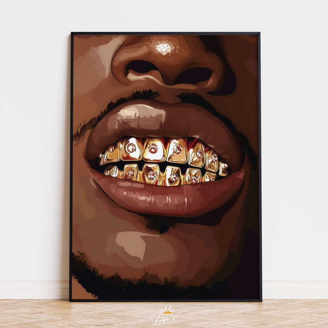 Grillz Black Art Print, Black Man Gold Teeth Poster, Printable