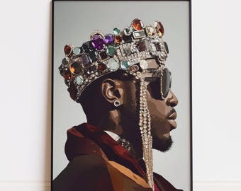 印刷可能なブラックキングのウォールアート、ブラックアートのポスター、ブラックマンアート、トレンドのハイプビーストデコレーション、ブラックアートの王冠、ブラックマンのポートレートのデジタルダウンロード