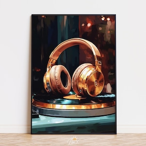 Headphones on Turntable Wall Art, Vinyl Record Print, Music Lover Poster, Modern DJ Wall Decor, Trendy Music Studio Artwork Digital Download