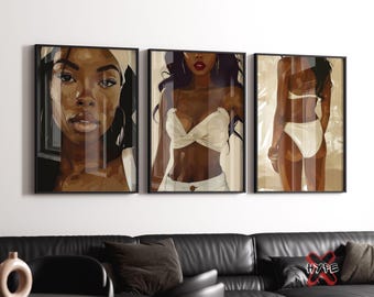Black Woman Art Print Set of 3, Fashion, Feminine Beauty Decor, Digital Download