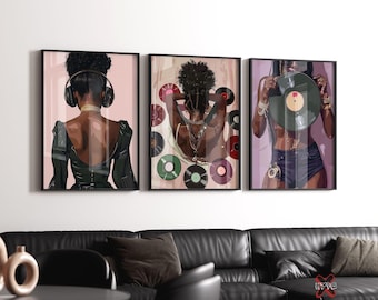 Black Woman Music Prints, Set of 3, Vinyl Record Wall Art, Afrocentric Music Decor, Digital Download