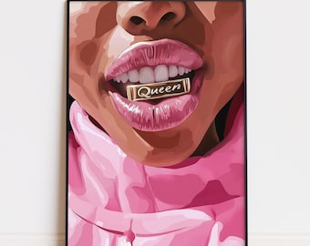 May include: A framed art print featuring a close-up of a person's lips and face. The lips are glossy pink, with a gold grill that reads "Queen". The person is wearing a pink hoodie. The artwork is a digital illustration.