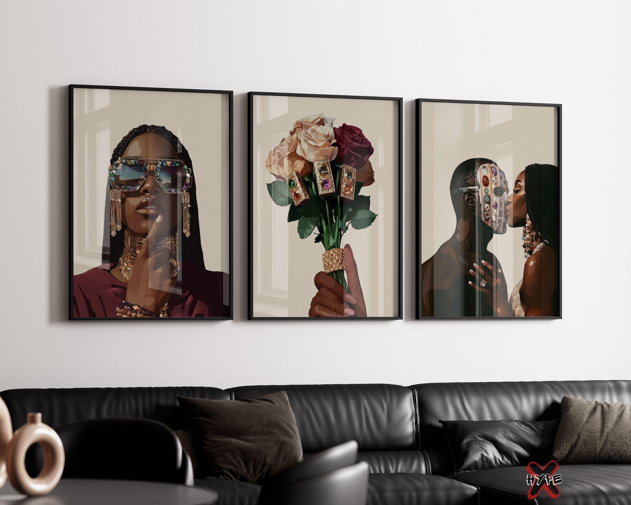 Black Girl Art Print Set of 3, Printable Black Woman Wall Art, Feminine Decor, Love Poster, Fashion, Floral Art Melanin Art Digital Download