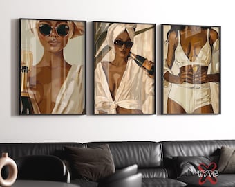 Black Woman Champagne Art Print Set of 3, Glam Bathroom Decor, Digital Download