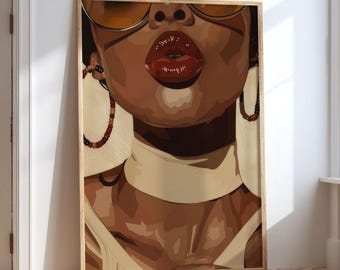 Retrato de mujer negra con labios brillantes, arte mural de moda glamurosa (descarga digital)