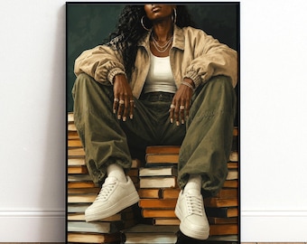 May include: A framed art print depicting a person with long dark hair wearing a beige bomber jacket, white tank top, and olive green cargo trousers. The person is sitting on a large stack of books and wearing white trainers, gold hoop earrings, and rings.