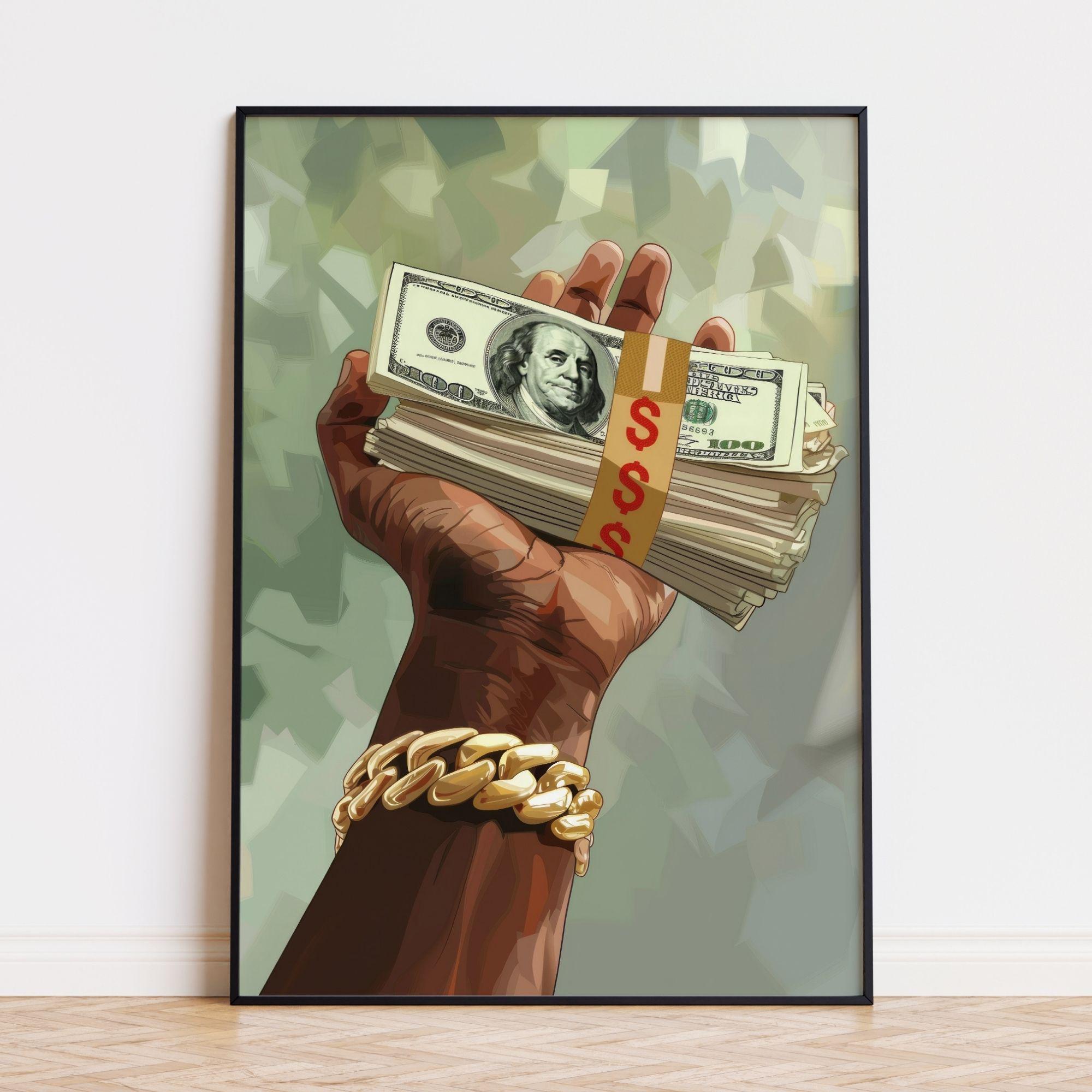 Arte imprimível de homem negro rico, impressão de dinheiro em mãos, arte de parede com dólares americanos, arte com dinheiro, pôster de arte negra, decoração moderna e hippie, download digital