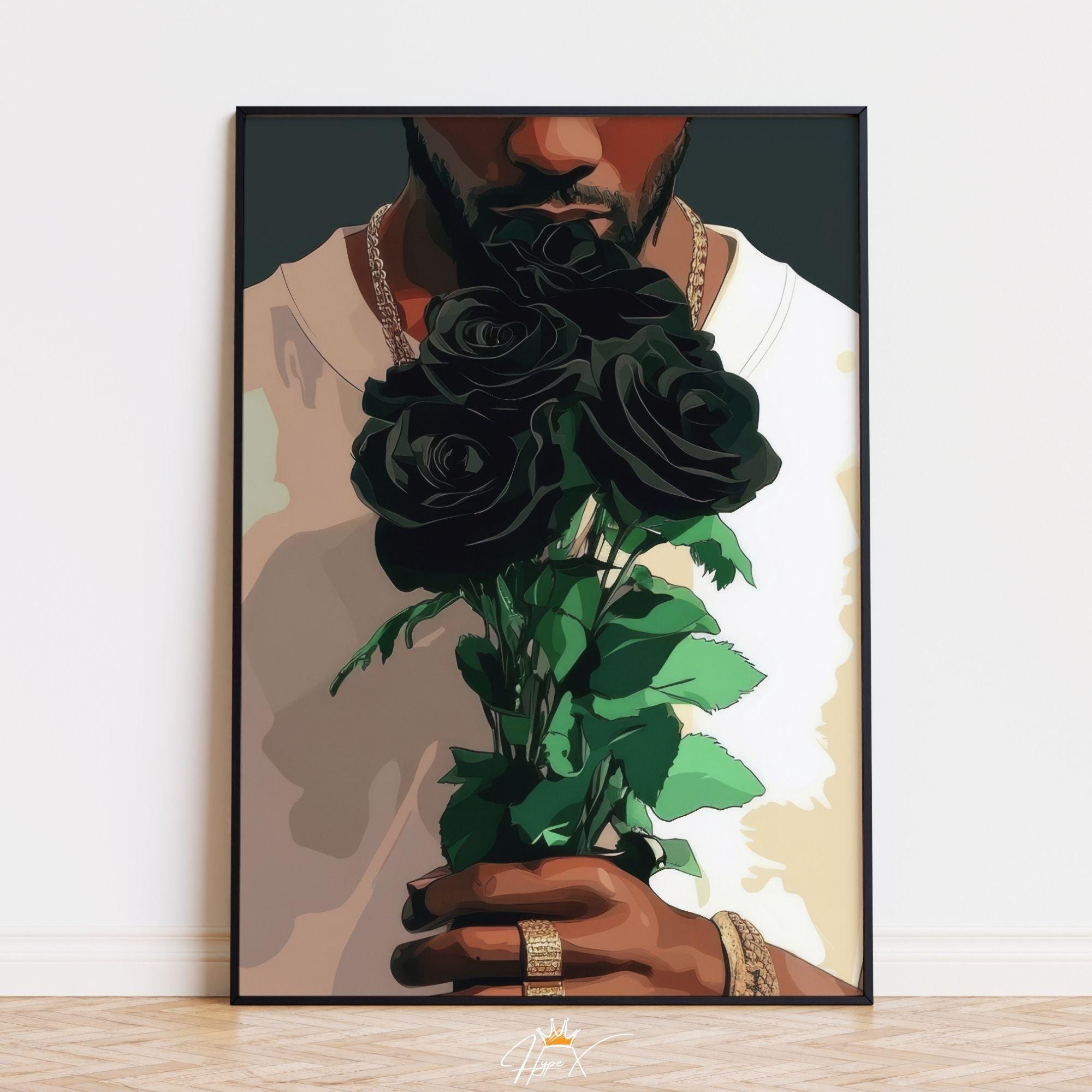 Black Man with Black Flower Art Print, Romantic Wall Poster, Moody Floral Decor, Masculine Love Illustration, Rose Wall Art Digital Download