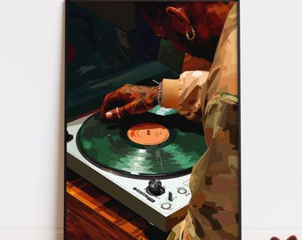 Black Man DJ Wall Art, Printable Vinyl Record Turntable Art, Hip Hop Music Decor, Hypebeast Print for Music Lover Black Art Digital Download