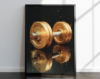 Gold Dumbbell Wall Art, Luxury Gym Poster, Black and Gold Fitness Print, Bodybuilding Room Decor, Strength Training Artwork Digital Download